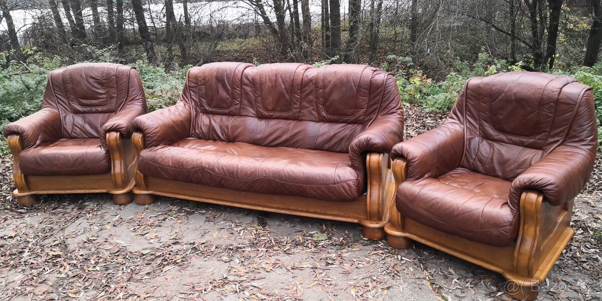 Kožená sedací souprava 3+1+1 s masivním dřevem - 3