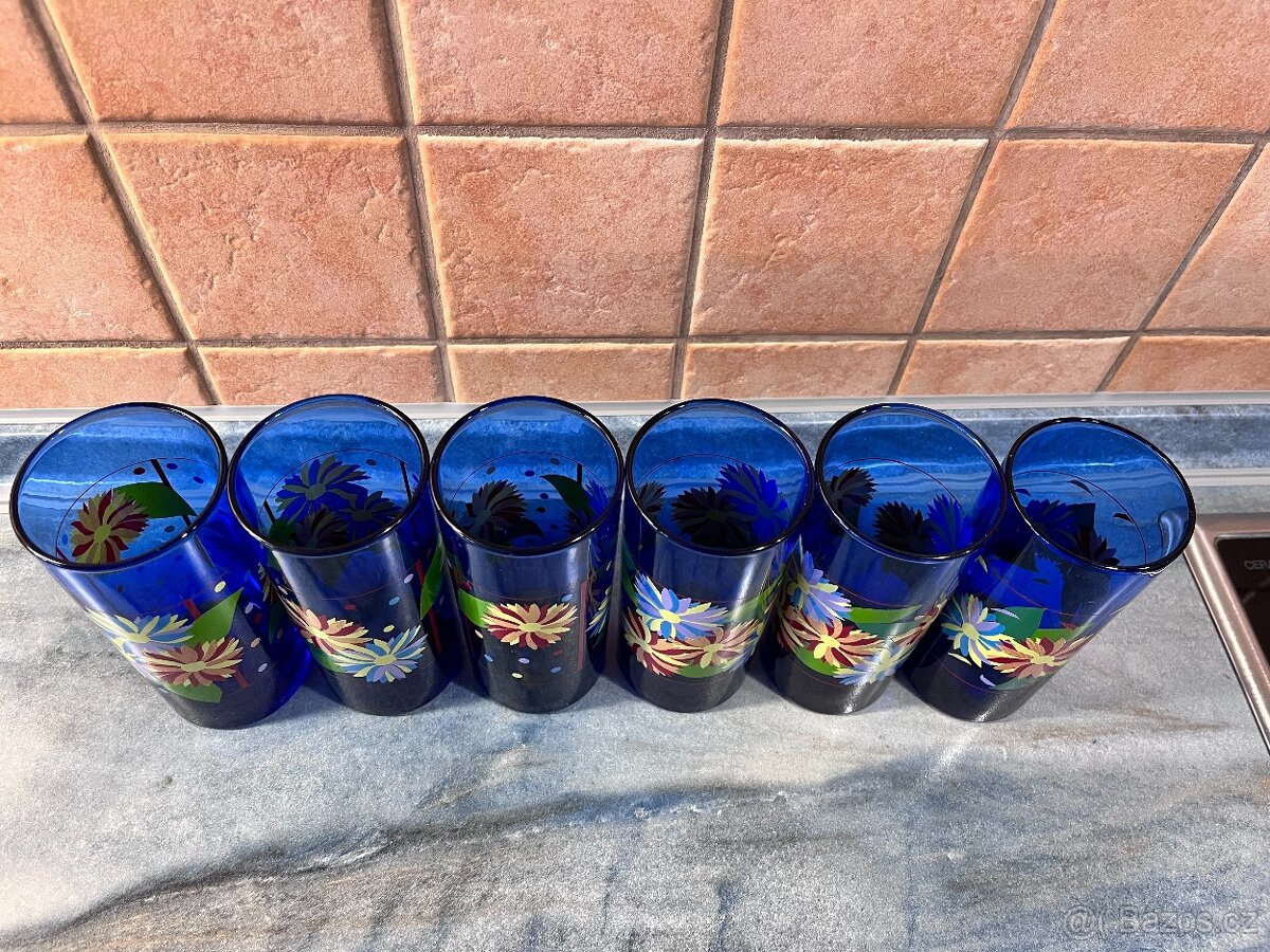 Sada 6 modrých sklenic Modré skleničky Květiny - Chvaletice - 3