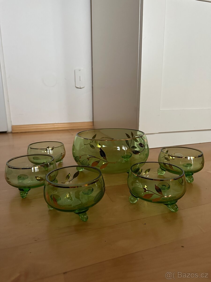 Starožitné skleněné zelené broušené misky mísa sada set 6 ks - 3