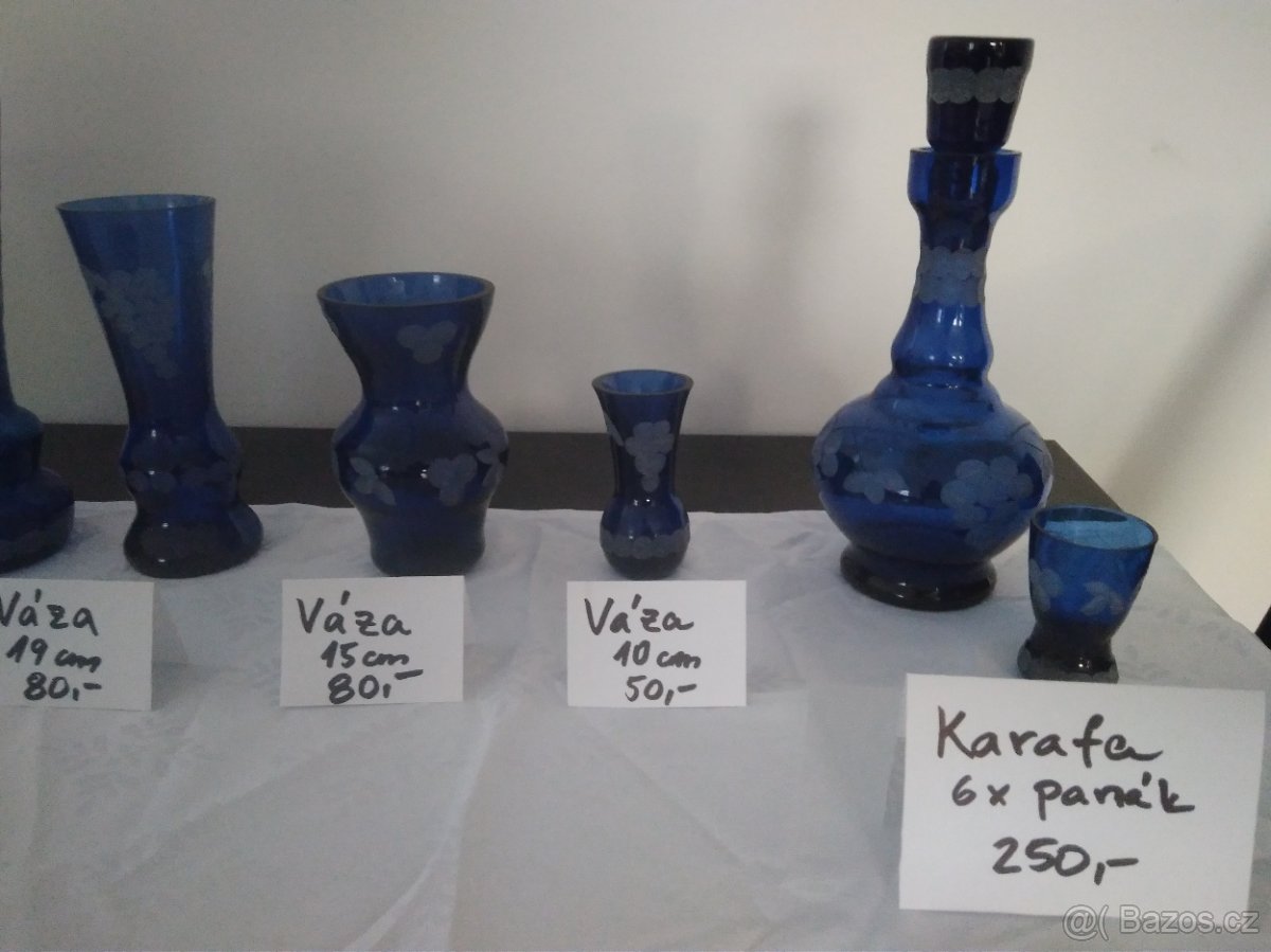 Váza, Karafa, cukrenka - modré broušené sklo - 3