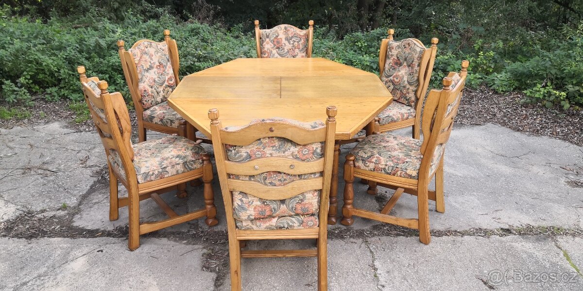 Masivní rozkládací stůl + 6x masivní židle - 3