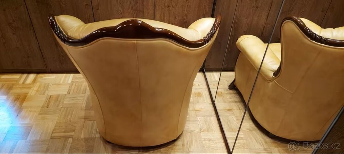 Křeslo kožené - kůže a masivní dřevo, pěkný stav - 3