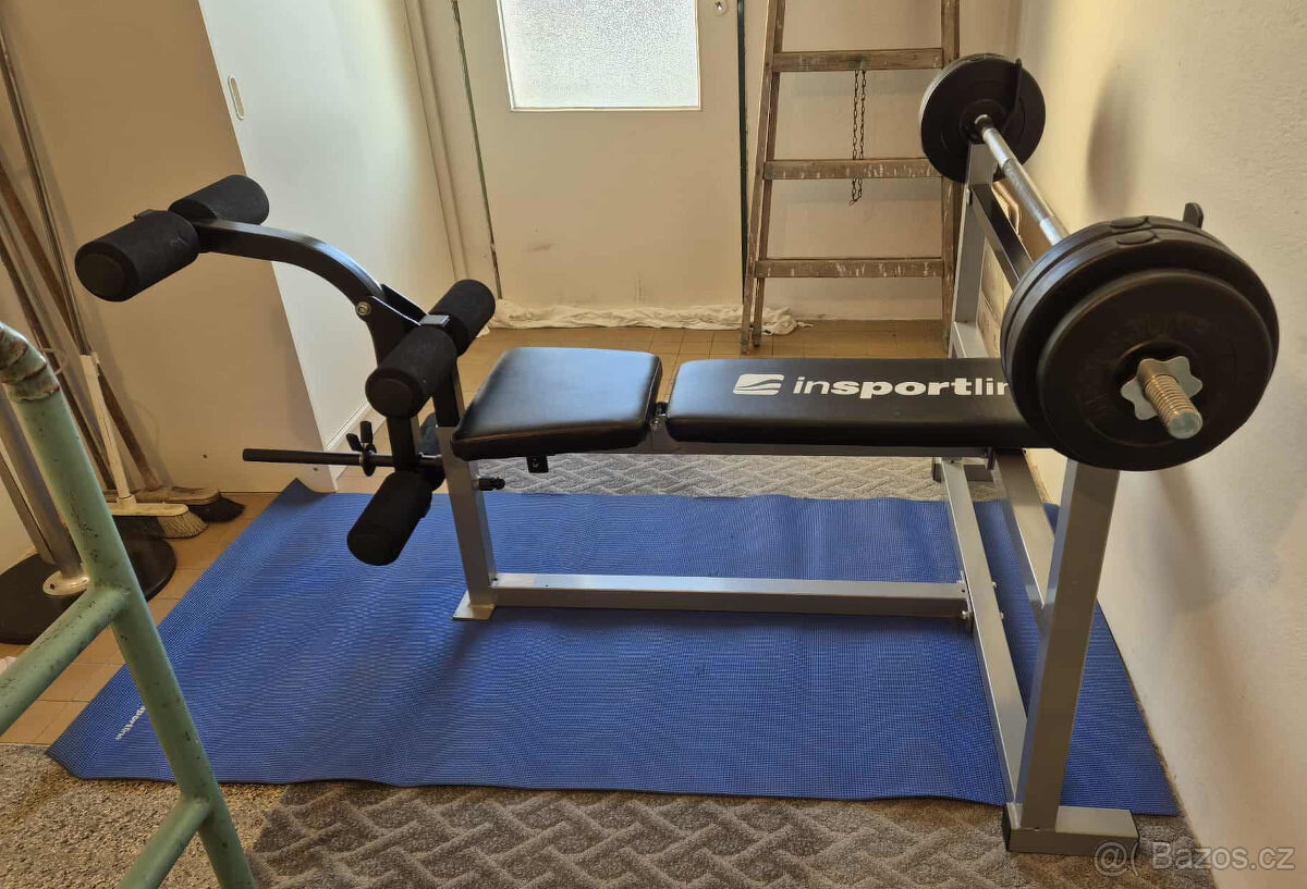 Posilovací bench lavice s dvouruční činkou a zavážíma - 3