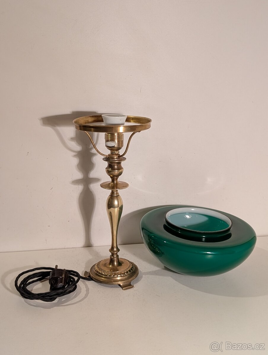 mosazná lampička, lampa, zelené stínidlo, bankéřka - 3