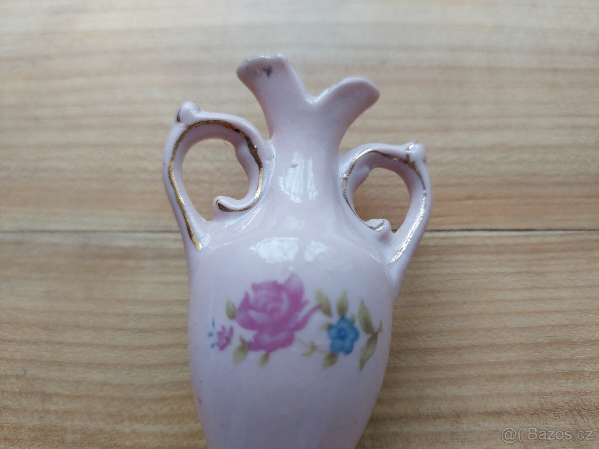 Starožitná mini vázička, růžový porcelán zlacený - SLEVA - 3