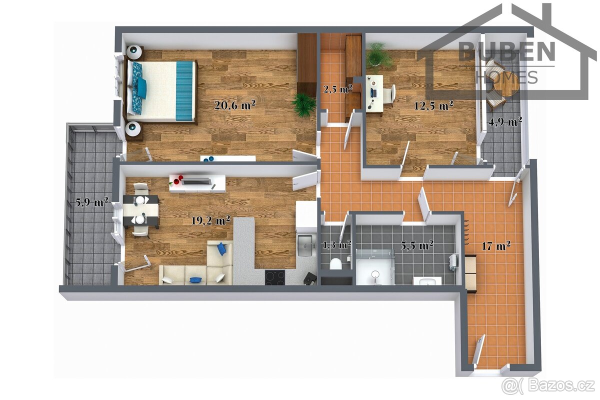 Novostavba bytu 3+kk (92 m²) s balkonem a zimní zahradou (s - 3