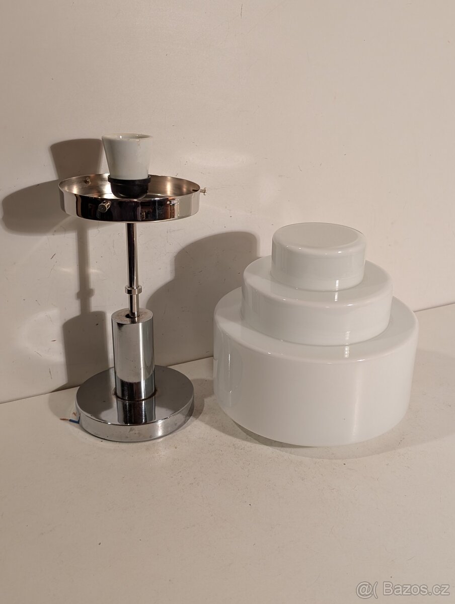 Art Deco lustr z niklované mosazi, dobové stínidlo - 3