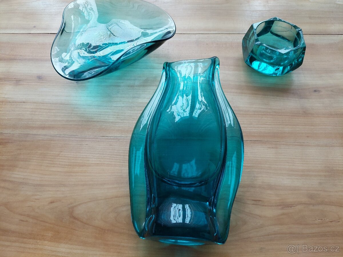 Luxusní skleněná antik váza + mísa + popelník zelené sklo - 3