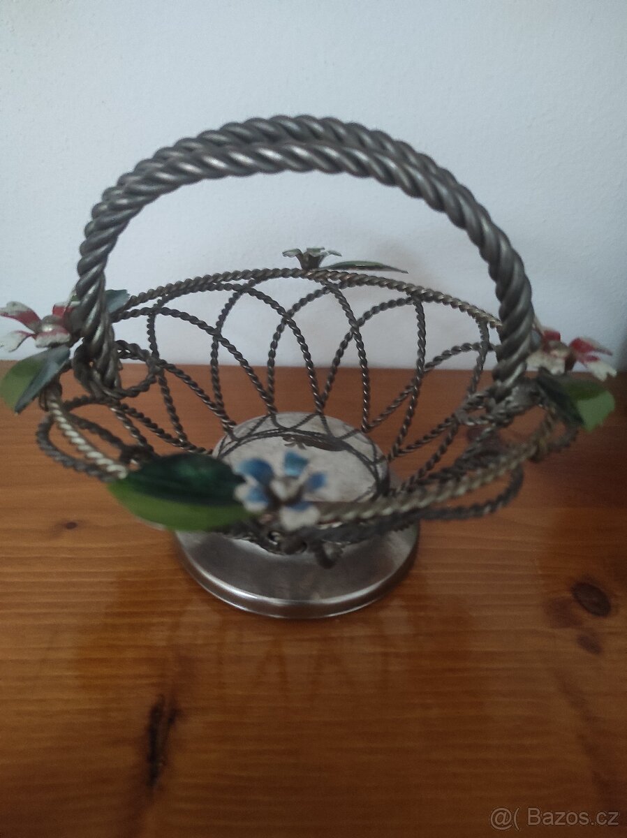 secese - drátěný košík splétaný - zdobený smaltem - 3