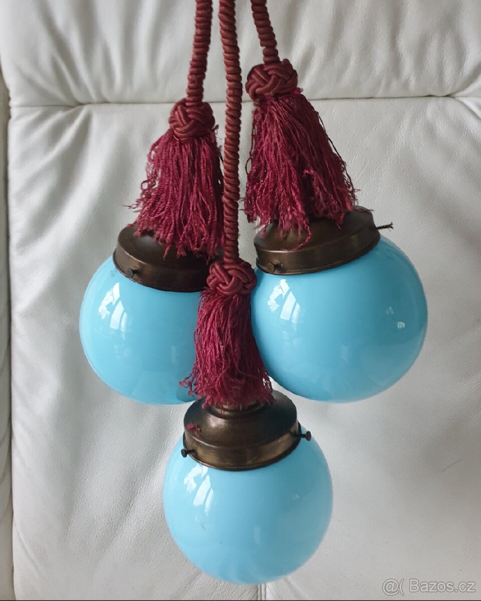 Starožitný lustr art deco na provazu modré koule - 3
