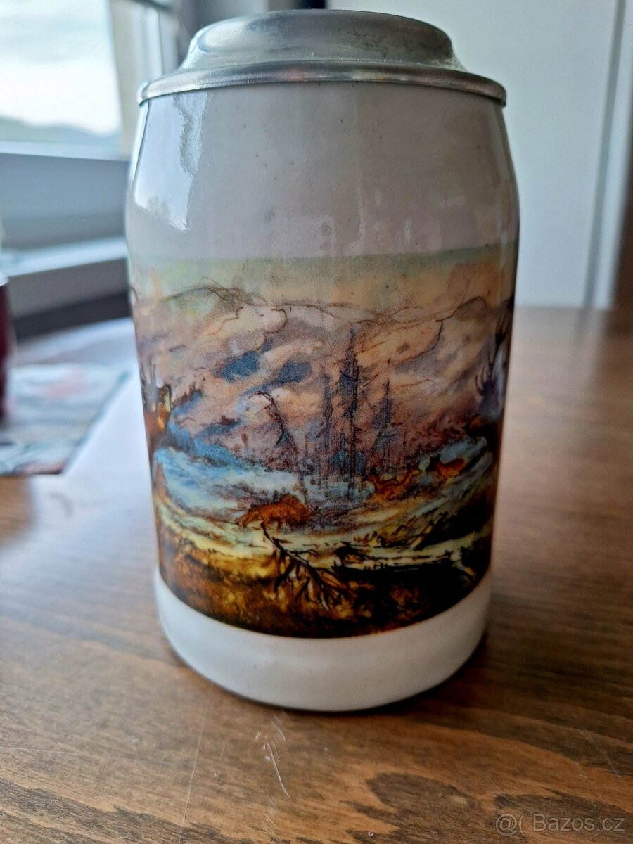 Korbel keramický s cínovým víkem- jeleni - 3