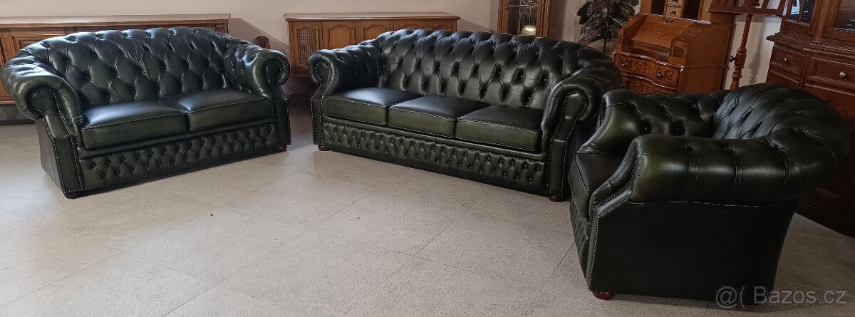 Kožená, Chesterfield(originál)sedací souprava 3+2+1. TOP - 3
