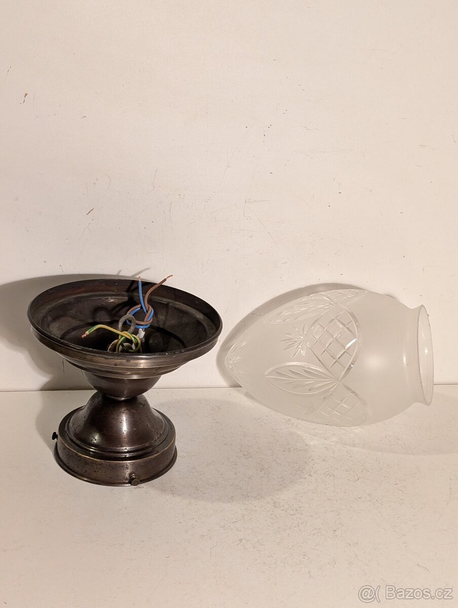 mosazný secesní lustr vybrušované matové stínidlo až 2ks - 3