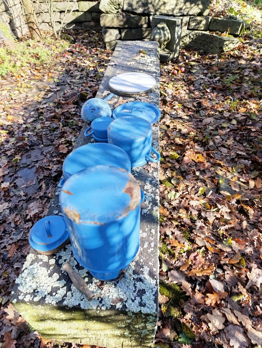 Set starý modrý smalt,secesní podnos, tácek s perletí - 3