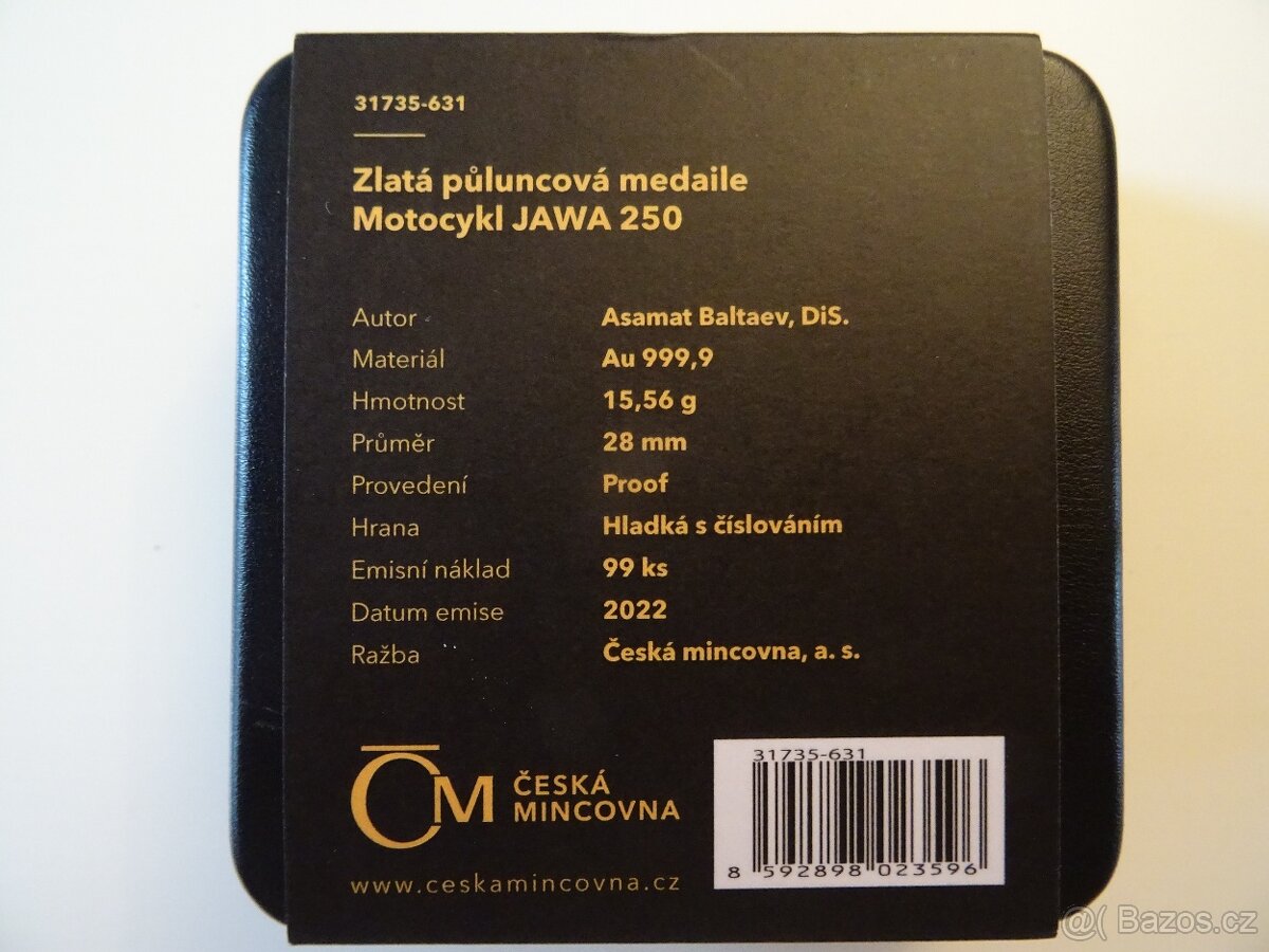 Zlatá půluncová medaile - mince Motocykl JAWA 250 proof - 3