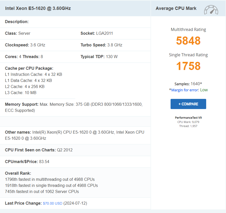 Intel Xeon E5-1620 4C/8T - 3
