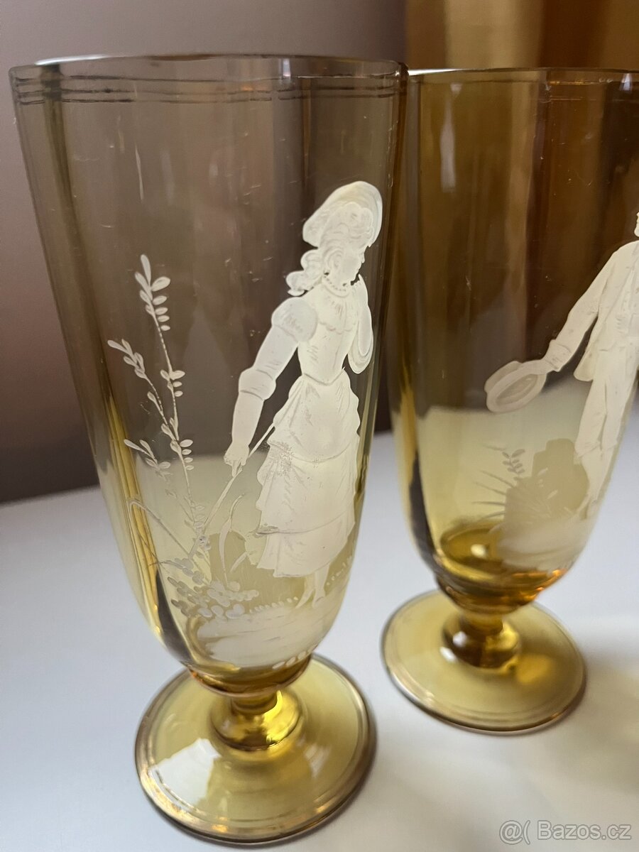 Mary Gregory - žluté starožitné poháry, ručně malované - 3