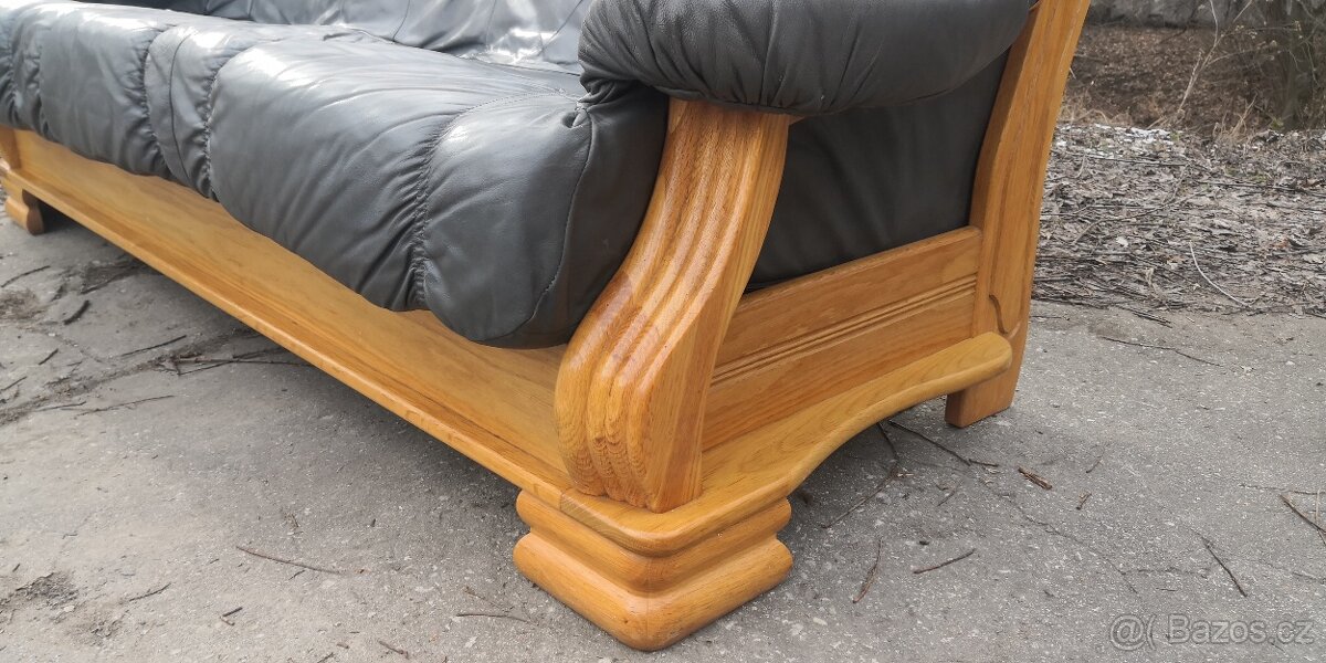 Kožená trojsedačka s masivním dubovým dřevem - 3