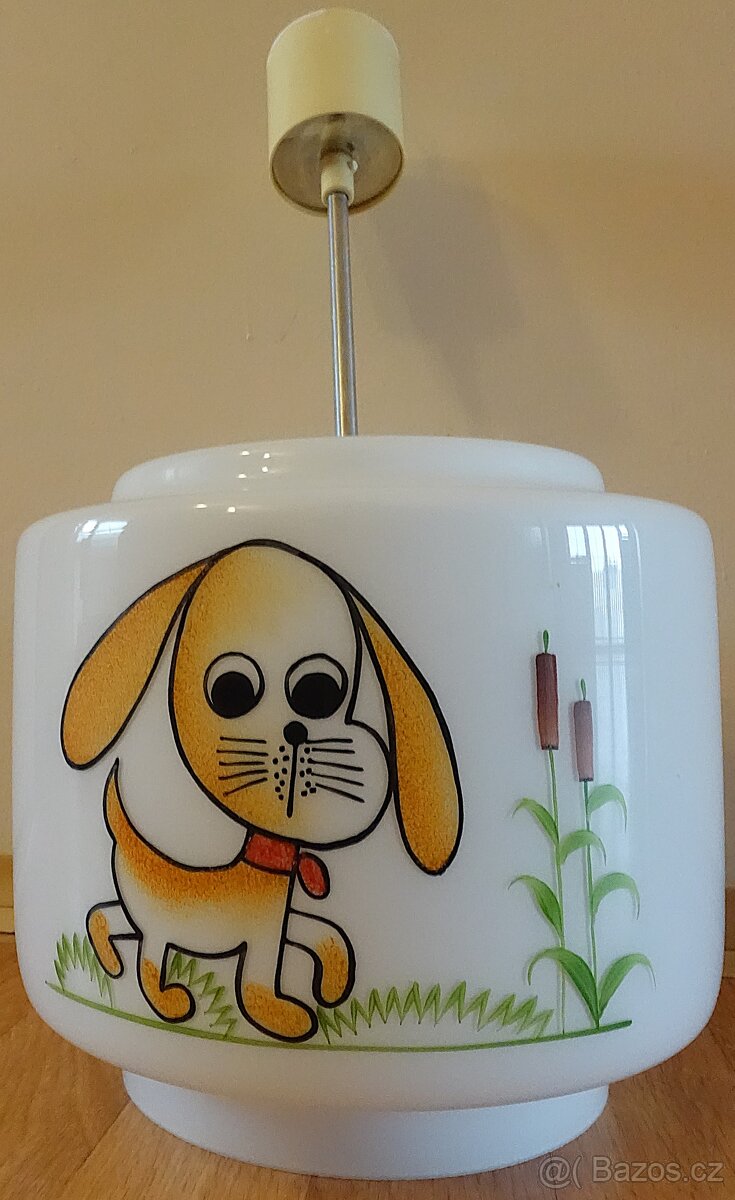 Retro dětský lustr se psem – skleněné stínidlo, 70.–80. léta - 3