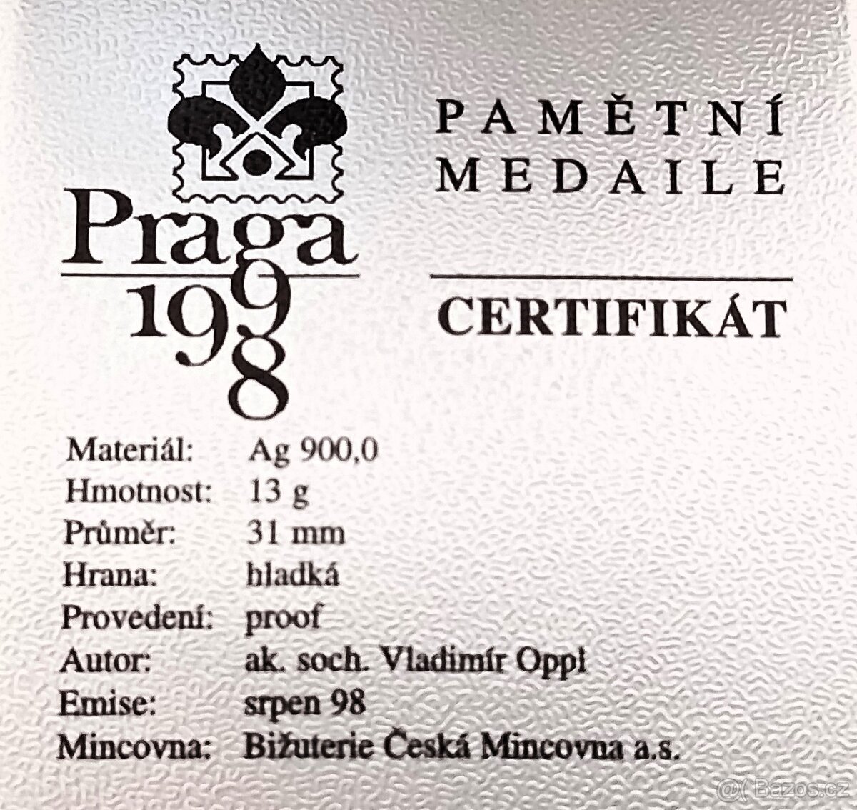 Medaile Praga 1998 Mezinárod. výstava známek - Merkur/Hermes - 3