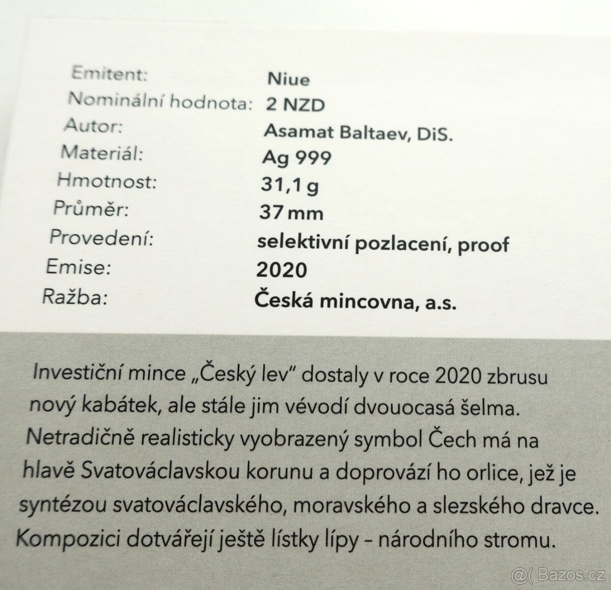 stříbrná mince - Český lev 2020 - číslovaný PROOF - 3