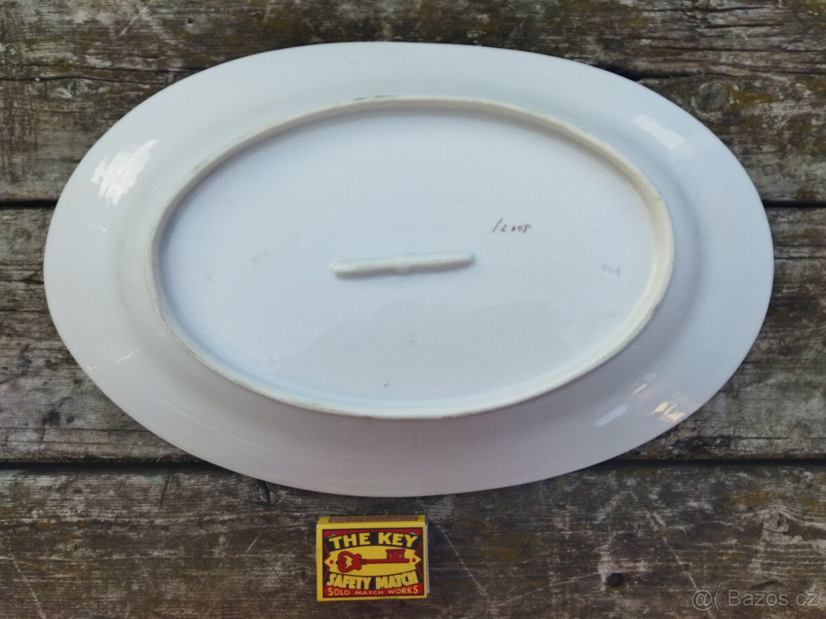 Starý oválný porcelánový tác s fialkami - 3