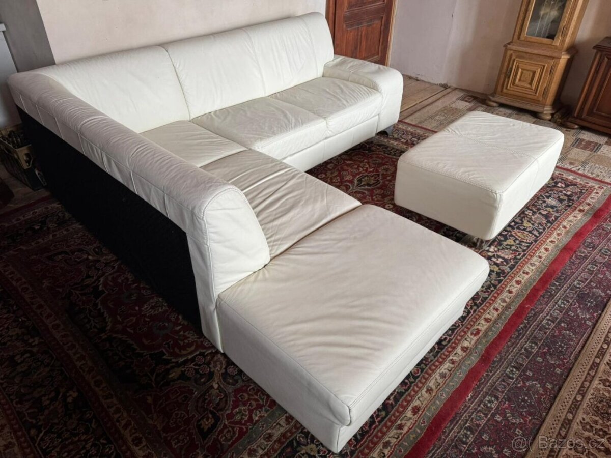Bílá kožená rohová sedačka s taburetem,5979 - 3
