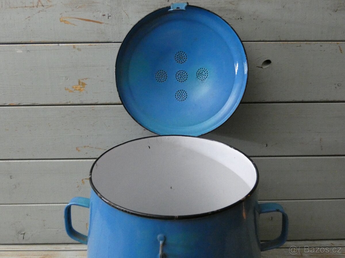 Starý hrnec na sádlo smaltovaný modrý . - 3