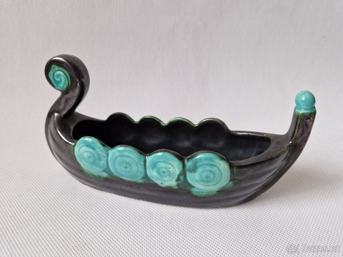 Stará keramická mísa žardiniéra vikingská loď Art Deco - 3