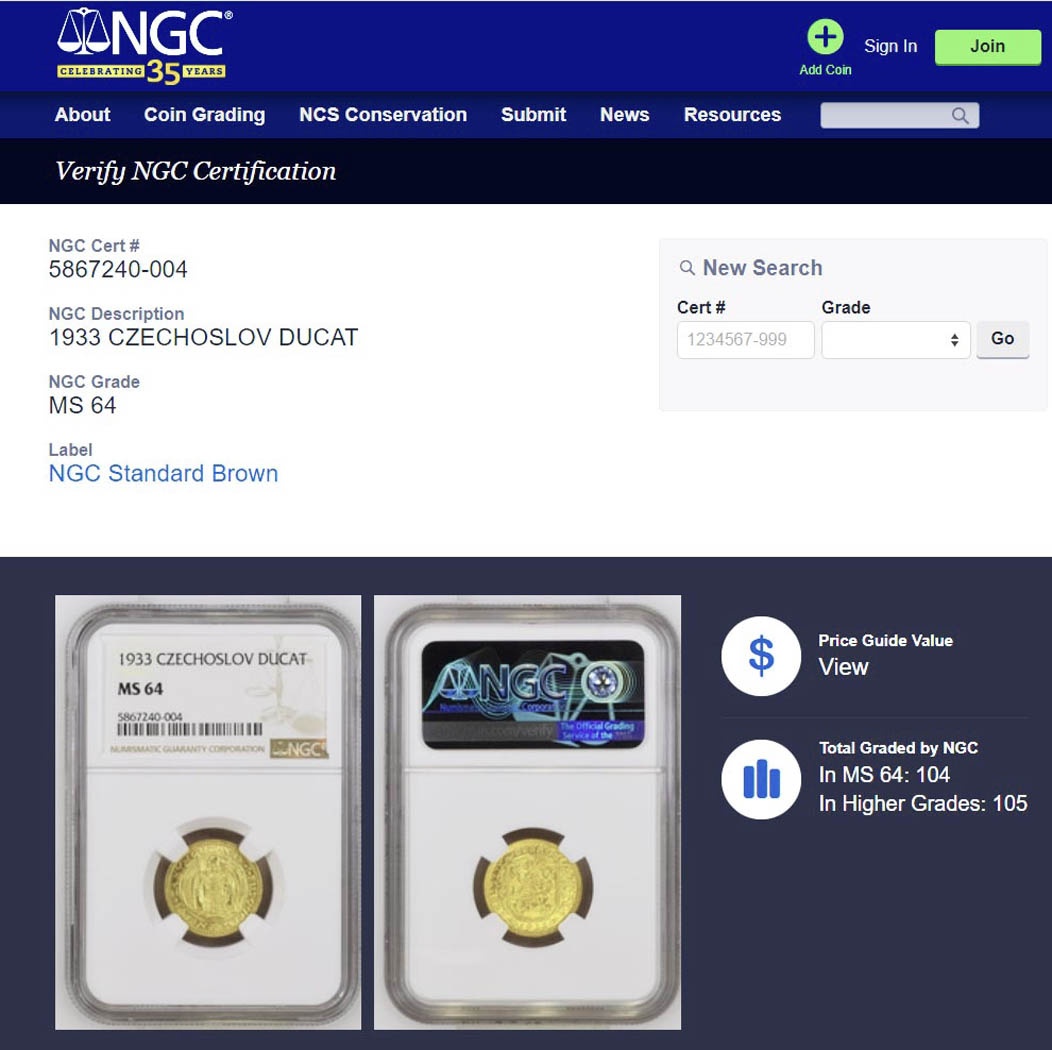 Svatováclavský dukát 1933, certifikace NGC MS 64 - 3