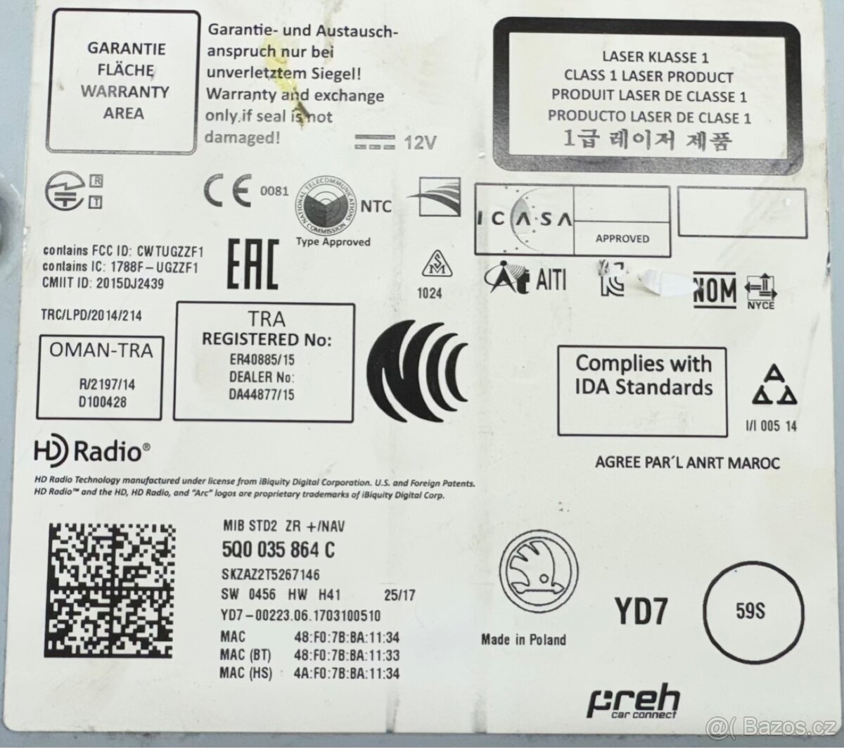 Jednotky MIB2 Škoda 5Q0035864A/B/C - 3