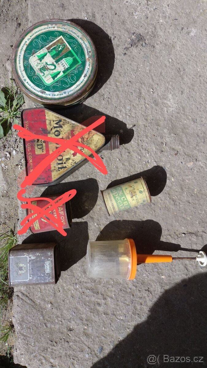 Staré plechové a dřevěné krabičky retro válečky - 3