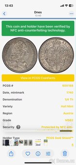 Stříbrný 1/4 tolar 1740 Karel VI. Hall PCGS MS62 - 3