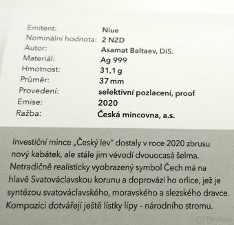 stříbrná mince - Český lev 2020 PROOF - číslovaný - 3