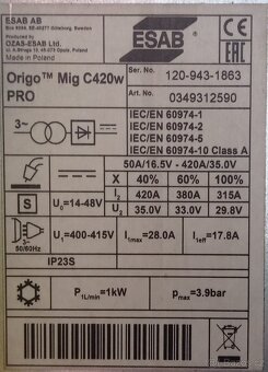 Zánovní MIG/MAG svářečka Esab OrigoMig C420W Pro - 3