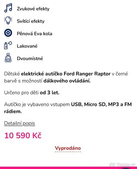 Dětské elektrické autíčko Ford Ranger Raptor lakované modré, - 3