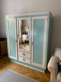 Starožitná skřín masiv 160x48x185 modrá bílá zrcadlo - 3