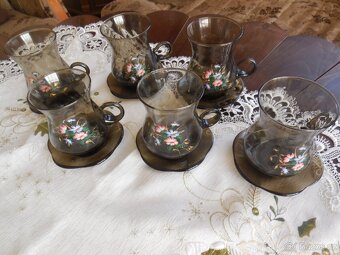 Staré skleněné sklenice na čaj, kafe s podšálky. set 6 ks - 3