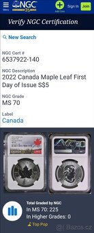 1 Oz. Stříbrný MapleLeaf NGC MS70 . Top Pop - 3