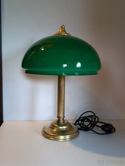 mosazná stará lampička, lampa, zelené stínidlo, bankéřka - 3