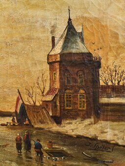 Zimní krajina s bruslaři – J. Spolet (1854–1912), olej na pl - 3
