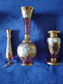 Borské sklo smaltovavé vázy,likér.sada v růžové barvě - 3