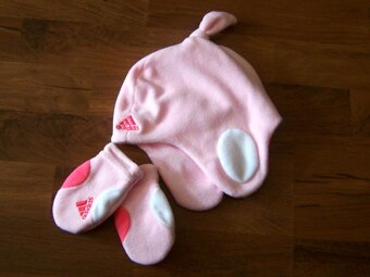 Dívčí růžový setík Adidas = čepička + rukavičky XXS - 3