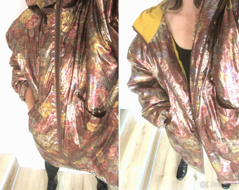 Vintage 90s metalická květovaná dámská bunda parka - 3