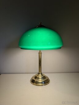 mosazná stará lampička, lampa, zelené stínidlo, bankéřka - 3
