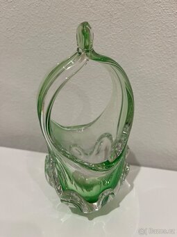 Hutní sklo - zelená váza, popelník a košíček - 3