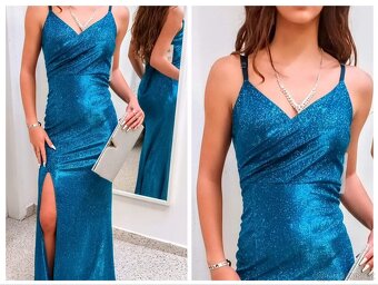 NOVÉ TŘPYTIVÉ plesové šaty TYRKYSOVÉ - 3