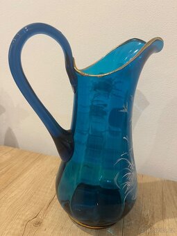 Starožitný modrý džbán s ruční malbou - 3