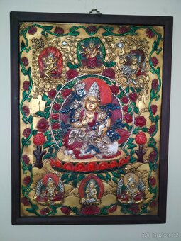 Tibetské drevo bronzová maľba - Thanka - 3