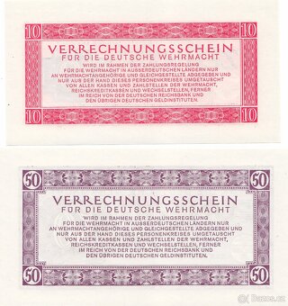 Originální sada bankovekWehrmachtu 1,5,10,50 Reichsmark 1944 - 3